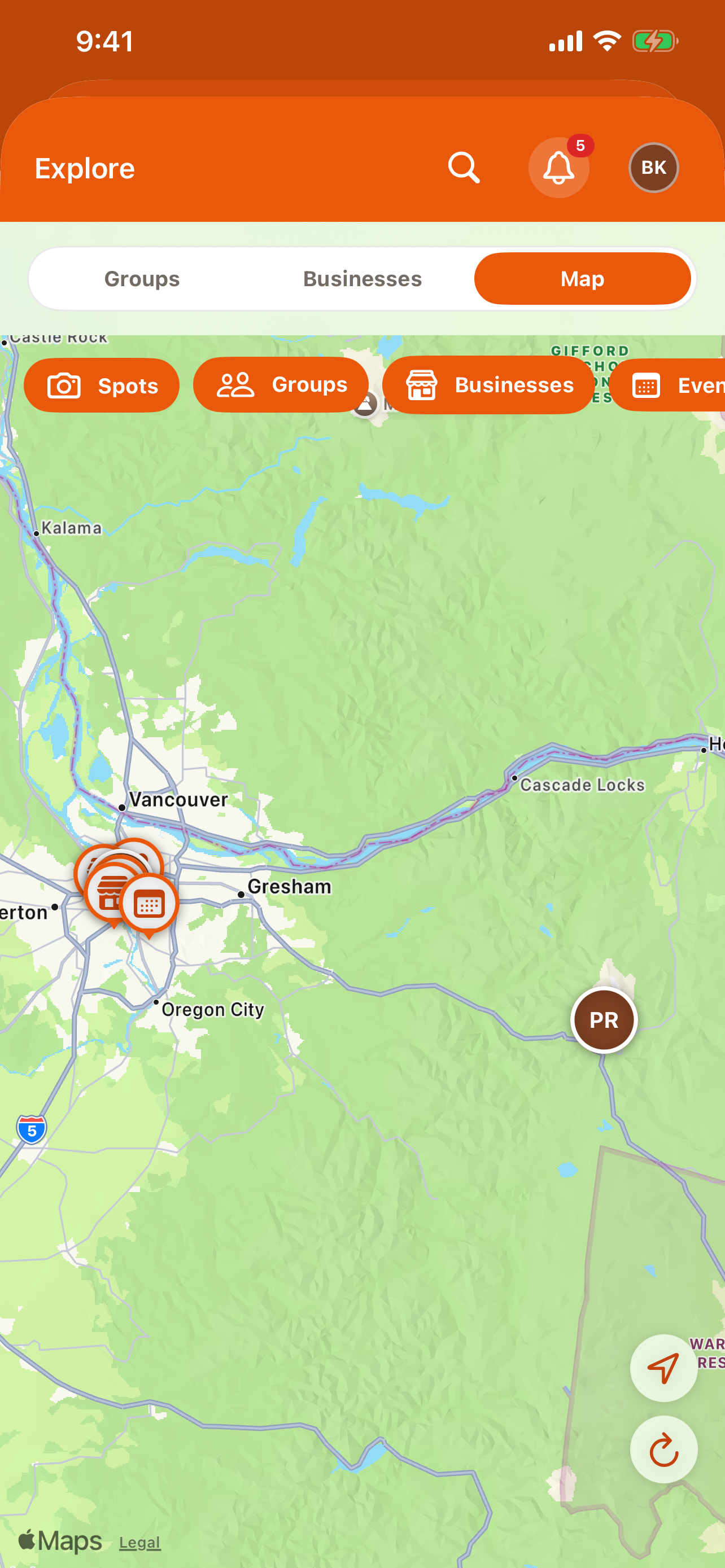 Explore presented as a sheet in the RALLIER app, in map mode with layer toggles