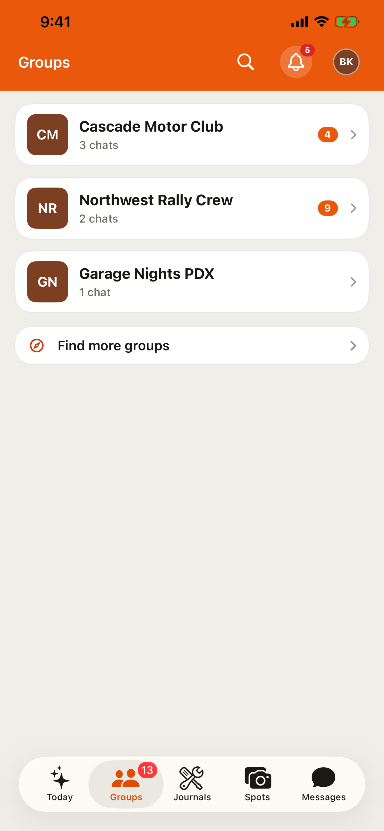 The Groups tab in the RALLIER app scrolled to the Find more groups row