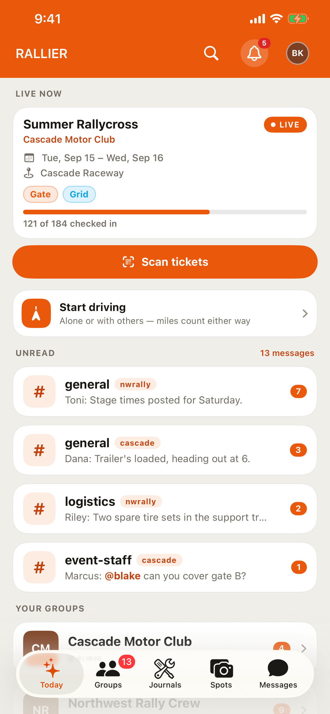 The RALLIER app's Today tab with a Live now card and unread chats