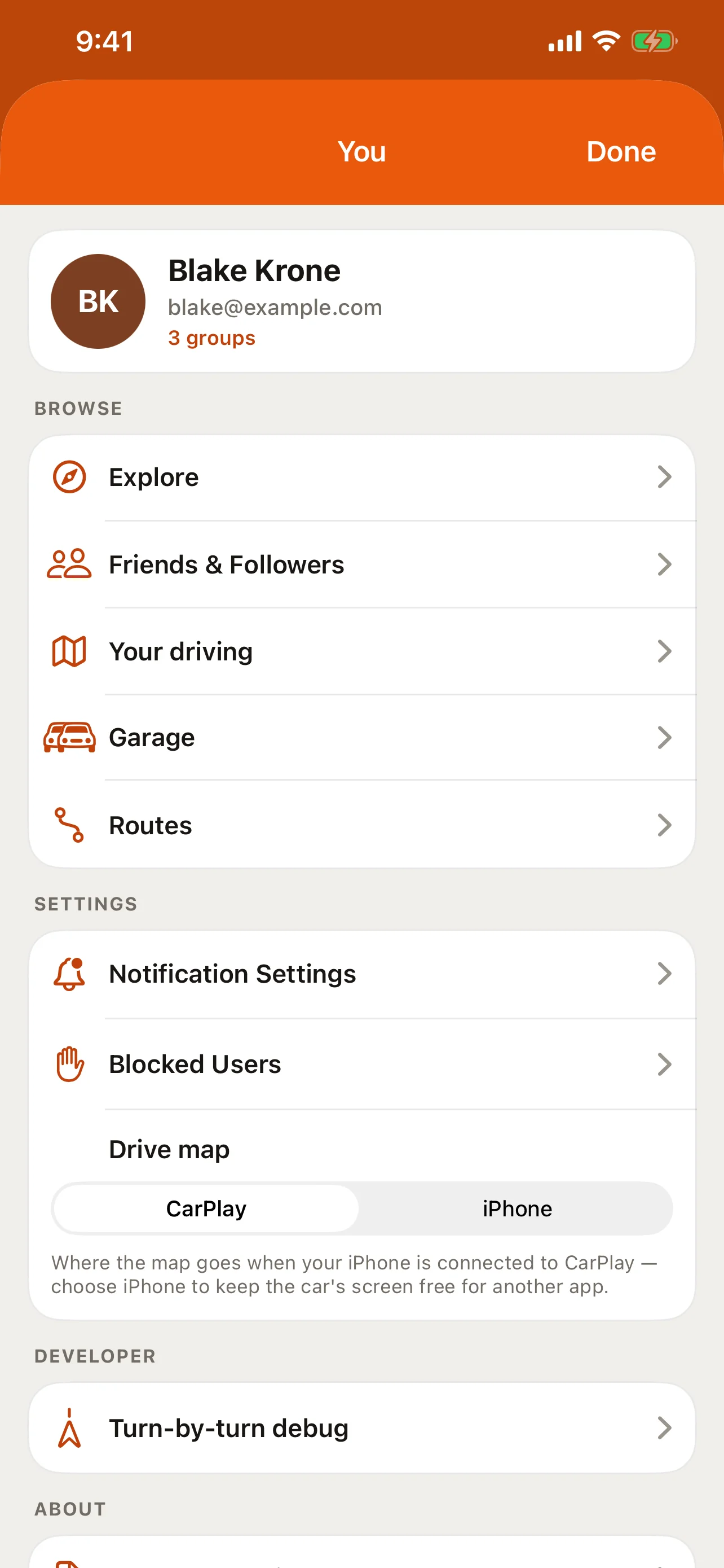 The account menu behind the header avatar in the RALLIER app