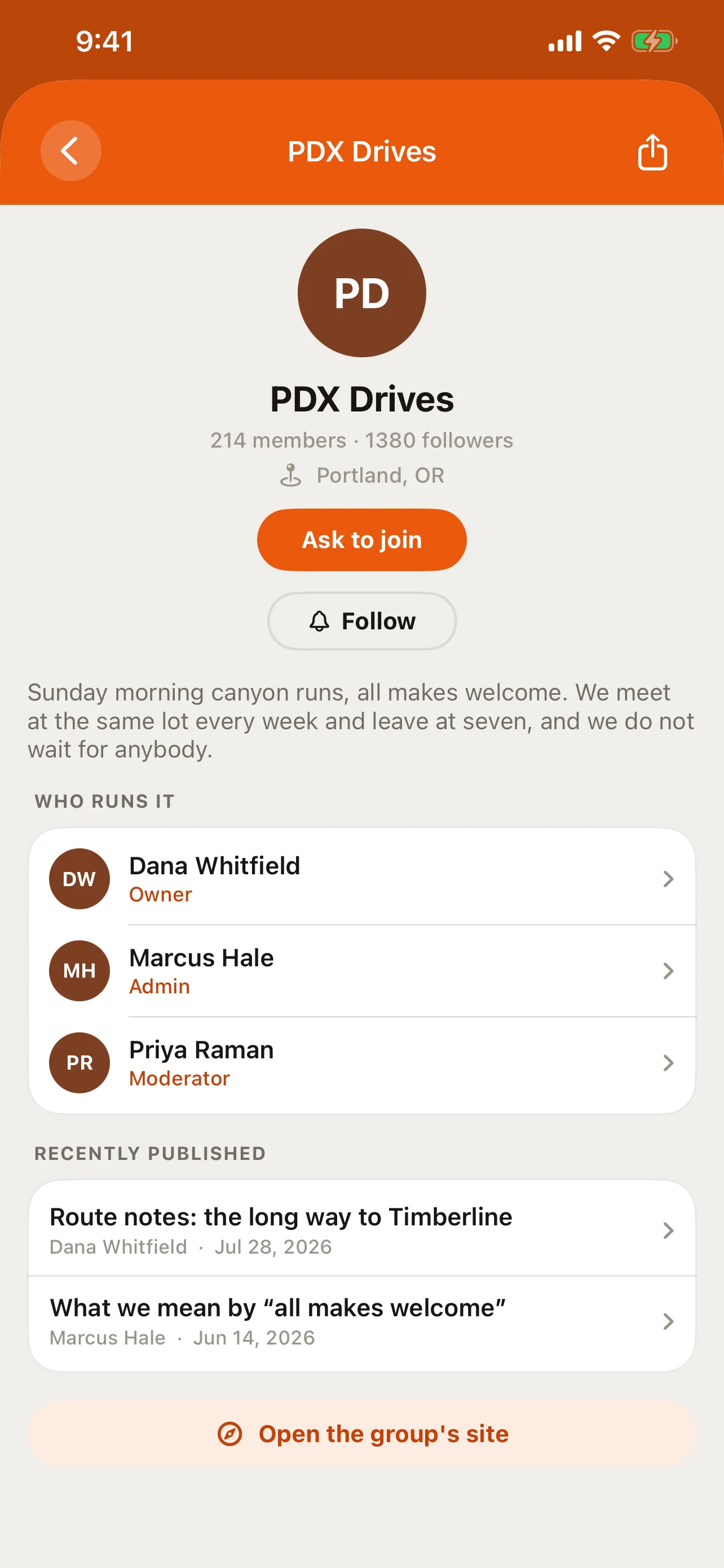 A club profile in the RALLIER app with a Request to join / Ask to join button