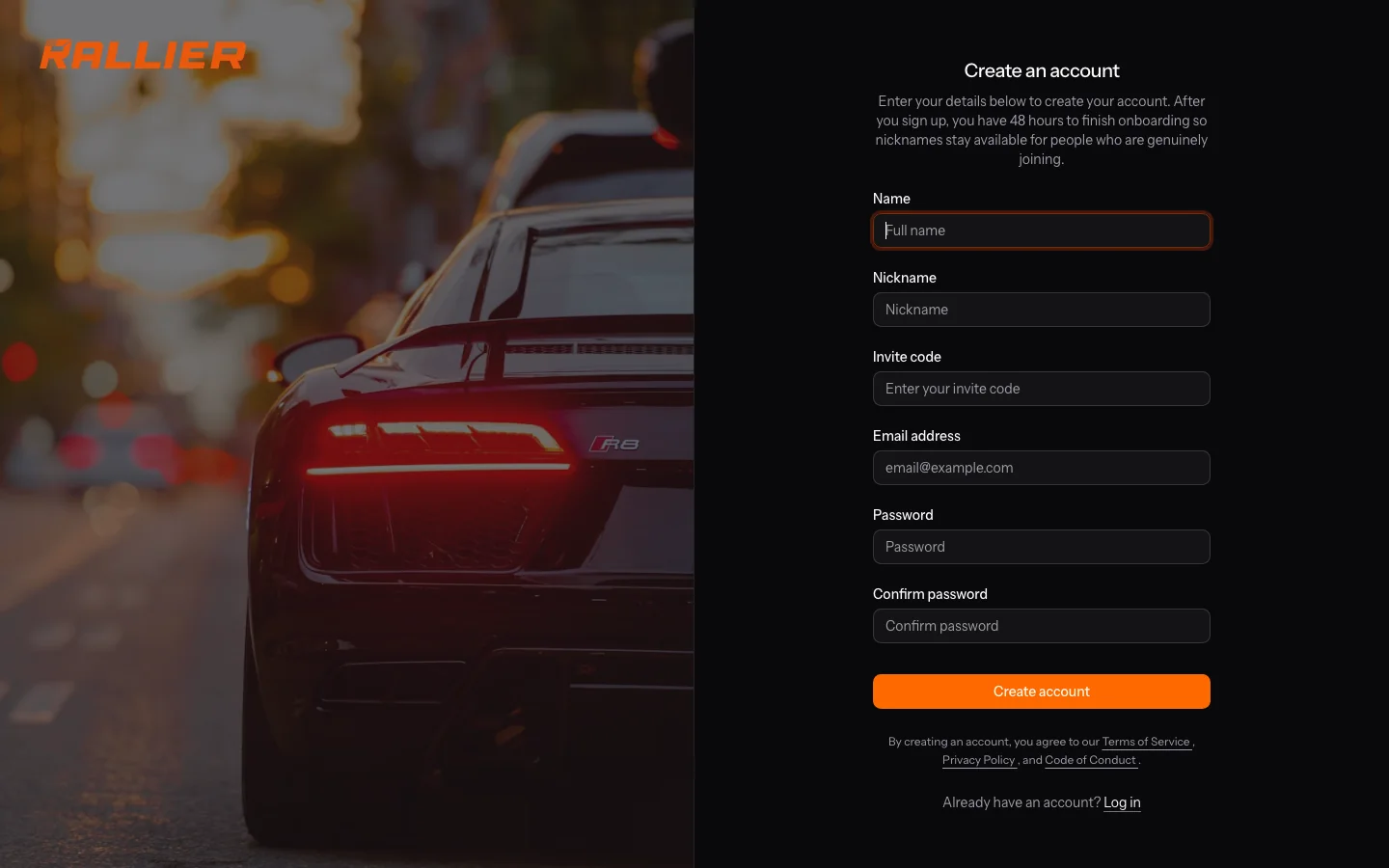 The rallier.app registration form asking for name, email, and password
