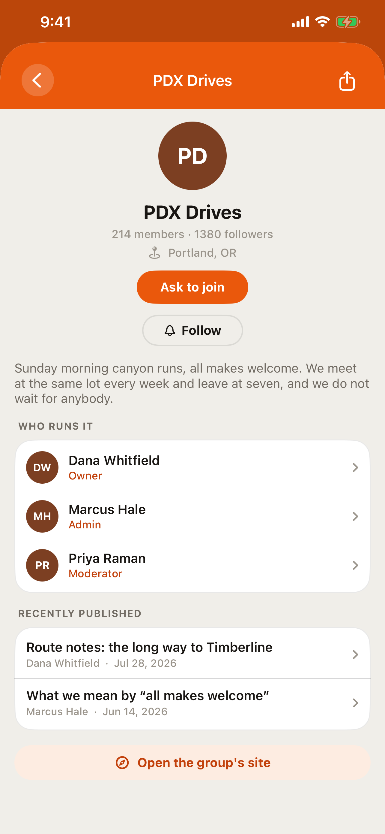 A club profile in the RALLIER app with a Request to join / Ask to join button