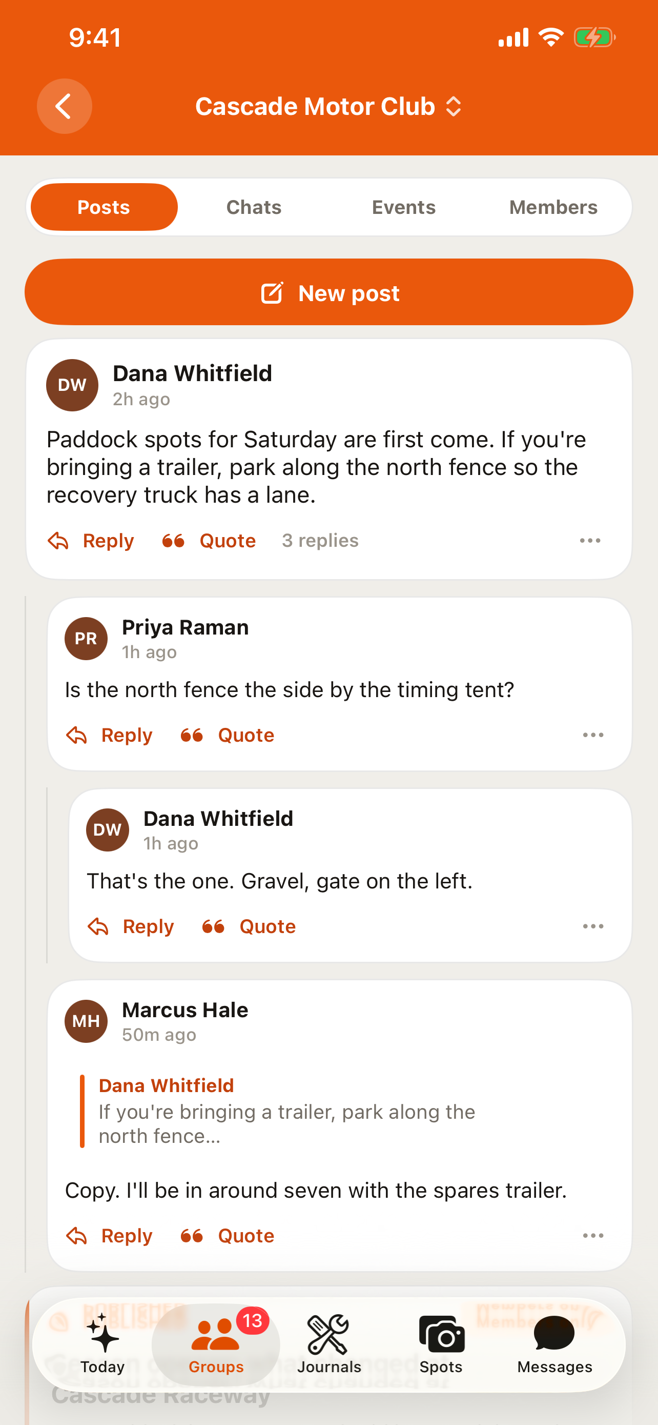 The merged Posts feed in the RALLIER app, with a discussion card and an announcement card