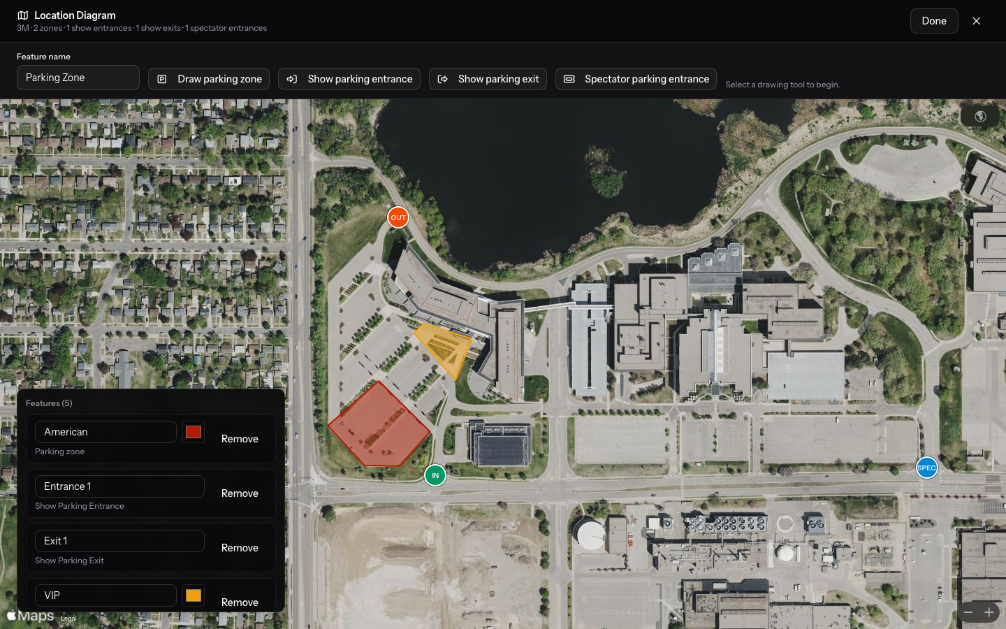 The site-map editor on a satellite view, with a red and an amber parking zone, a show-parking entrance and exit, and a spectator entrance marker