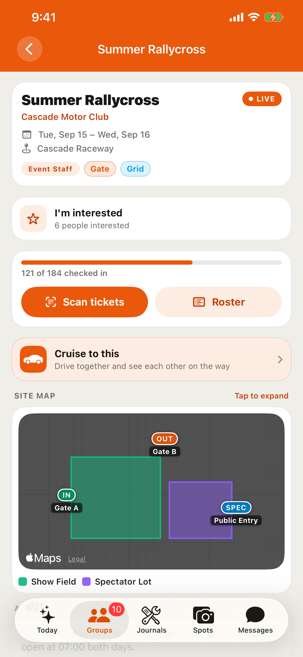 An event detail screen in the RALLIER app — members see the roster, the site map, and an "I'm interested" marker