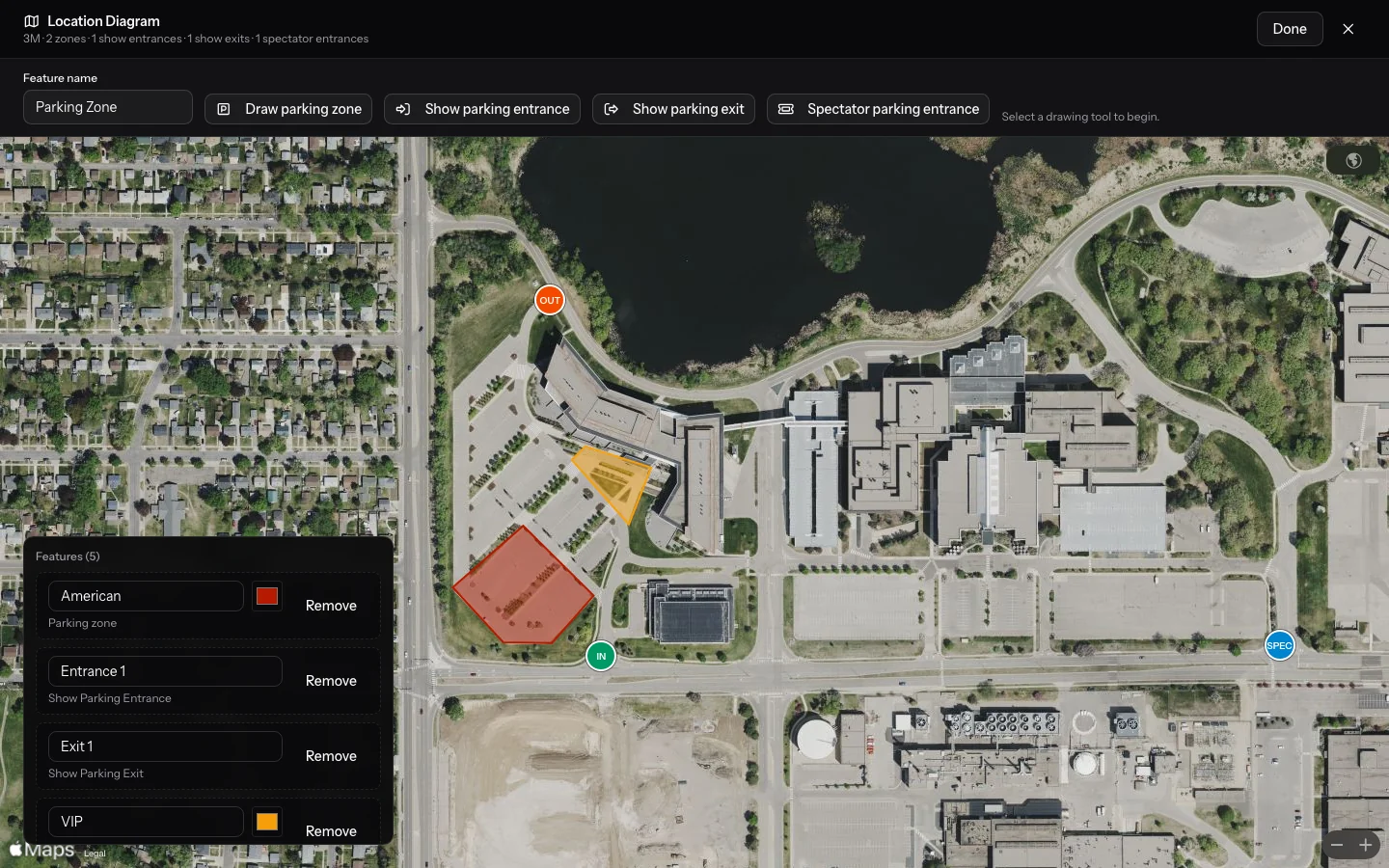 The site-map editor on a satellite view, with a red and an amber parking zone, a show-parking entrance and exit, and a spectator entrance marker