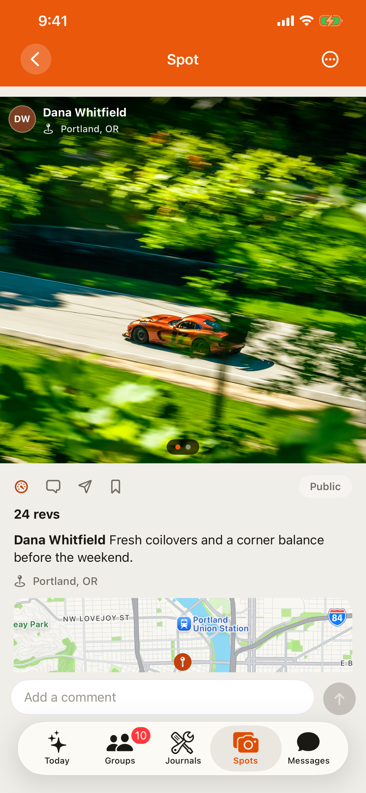 A spot detail view in the RALLIER app showing the rev, comment, and bookmark controls