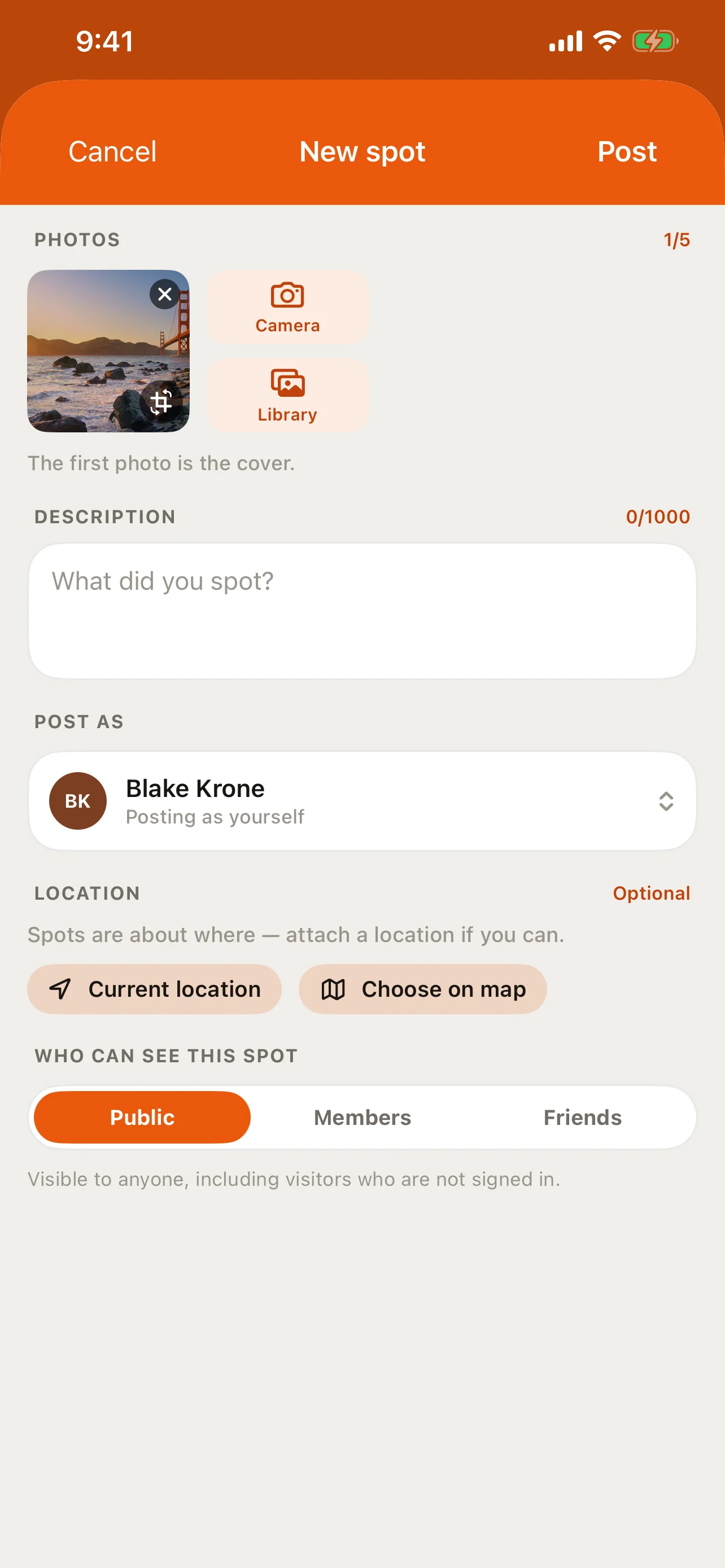 The spot composer in the RALLIER app with a multi-photo carousel mid-compose