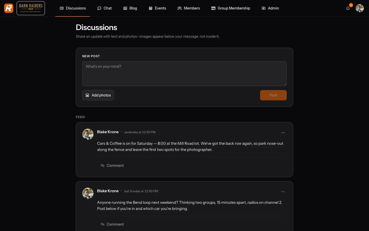 A club's tenant site on the web, landing on its member discussions